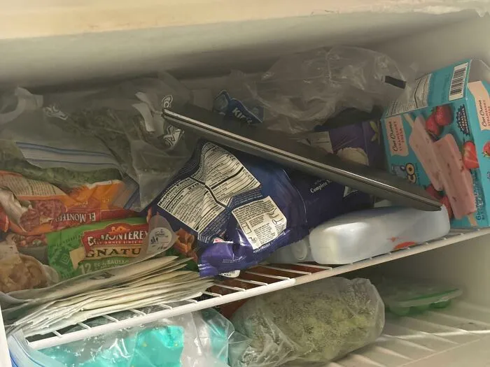 Laptop stored inside a crowded freezer showing things partners do that drive people insane