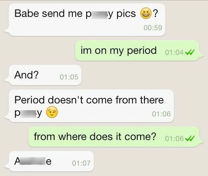 A text conversation showing wrong takes on female anatomy regarding where menstrual periods originate.