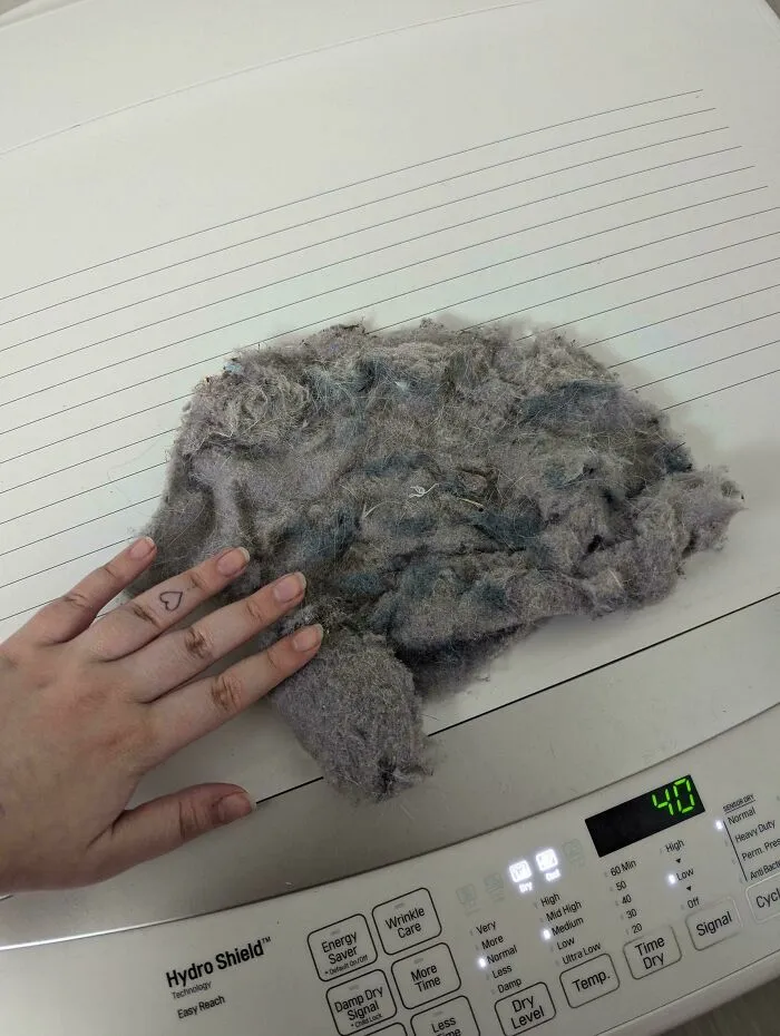 Hand next to a massive pile of dryer lint illustrating annoying things partners do