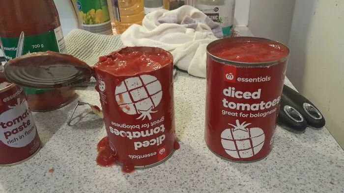 An upside down opened can of diced tomatoes spilling on the counter illustrating things partners do