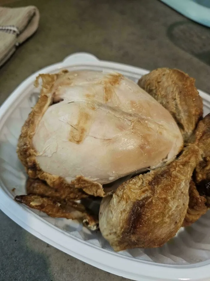 A poorly carved rotisserie chicken as an example of annoying things partners do