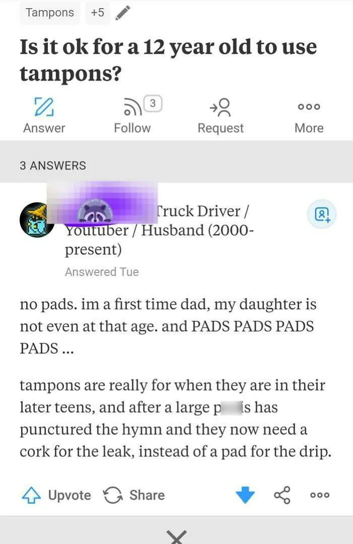 Online question and response displaying wrong takes on female anatomy regarding tampon usage.