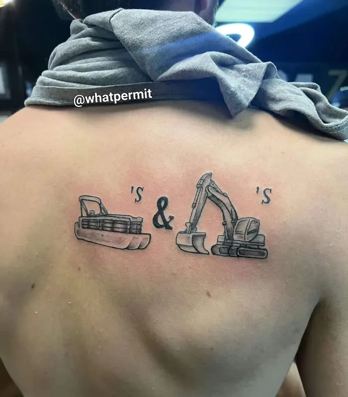 A back tattoo of a pontoon boat and excavator for funny construction fails memes.