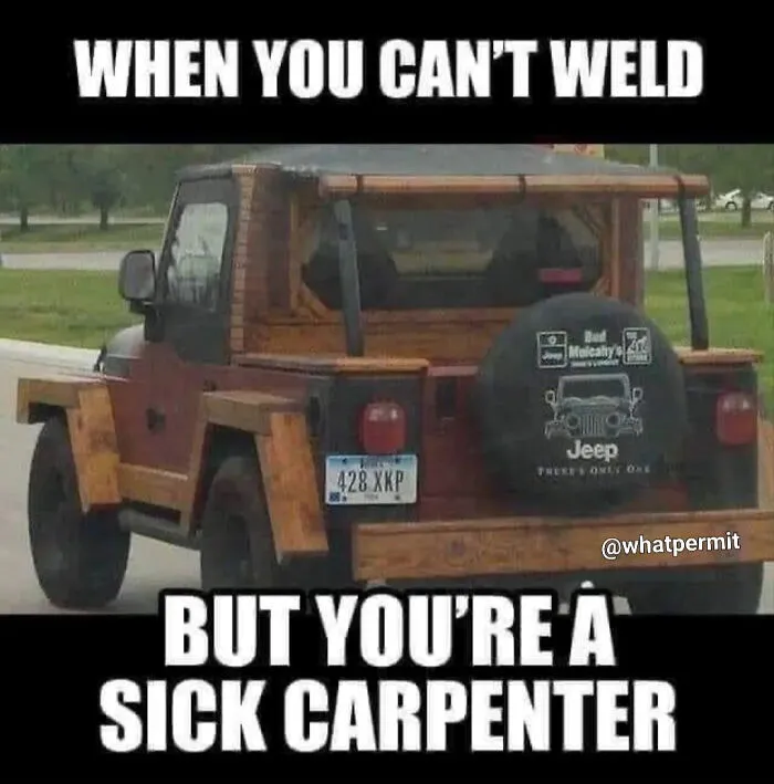 Jeep with custom wooden bodywork featured in a funny cringe construction fails meme about carpentry skills.