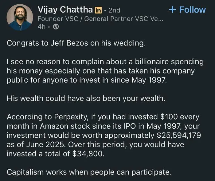 LinkedIn post discussing Jeff Bezos wedding and Amazon stock investment benefits
