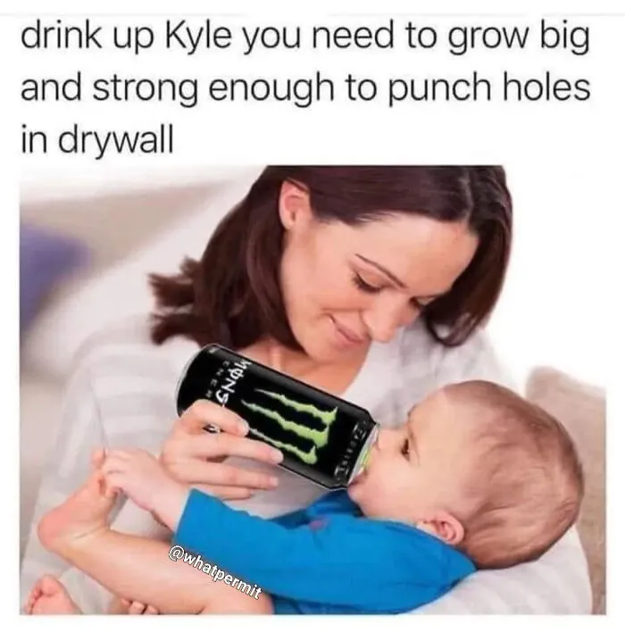 Woman feeding energy drink to a baby, featured in funny cringe construction fails memes.