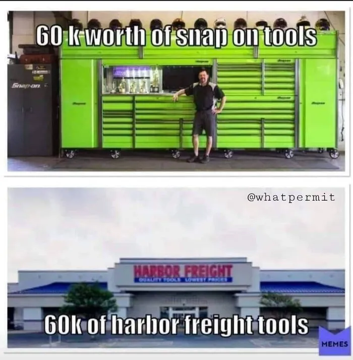 Comparing expensive toolboxes to a store in funny cringe construction fails memes.