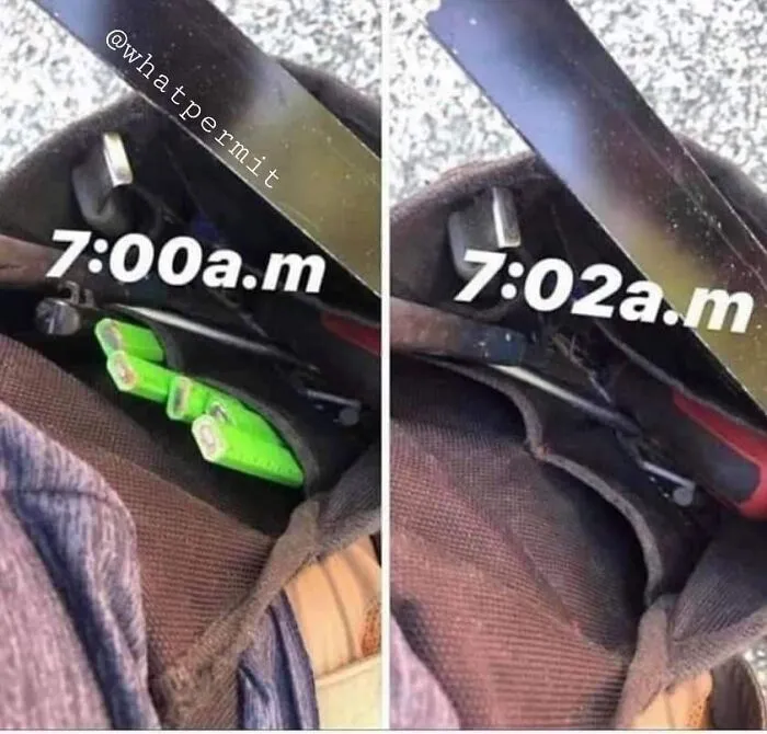 Funny cringe construction fails memes showing a tool pouch with pencils at 7:00am and missing at 7:02am.