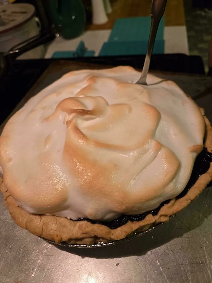 A meringue pie with a fork stuck into the top, showing things partners do.