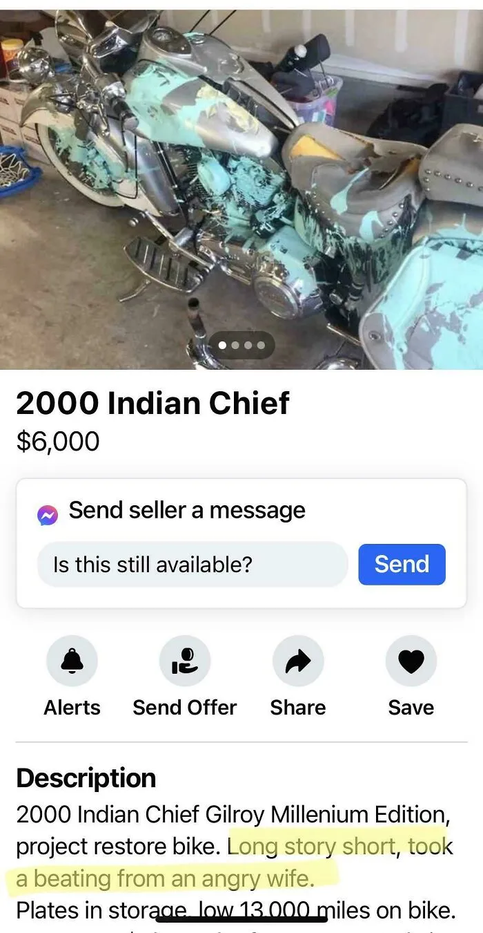 Listing for a bike damaged by an angry wife showing things partners do that drive people insane.