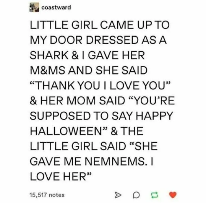 A wholesome meme post about a child dressed as a shark saying thank you for Halloween candy.