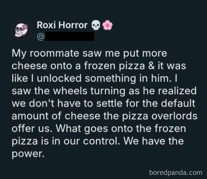 A wholesome meme featuring a social media post about putting extra cheese on a frozen pizza.