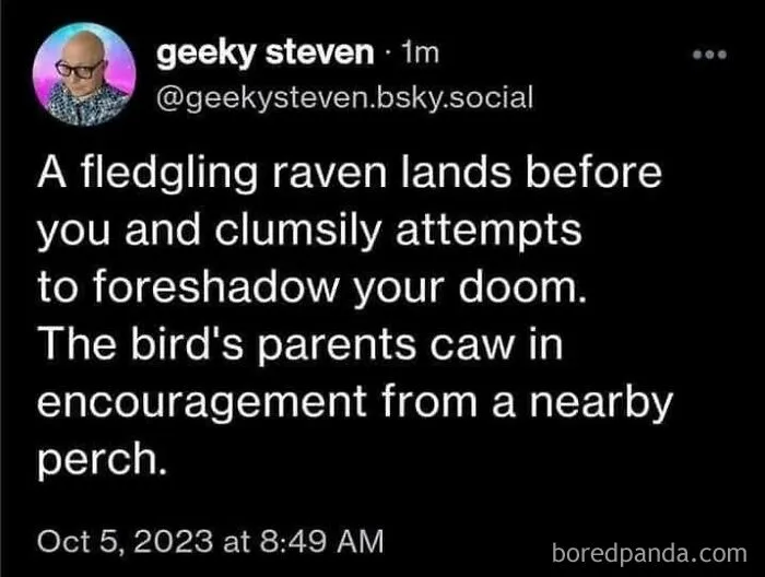 Wholesome memes post about a fledgling raven learning to foreshadow doom with supportive parents.