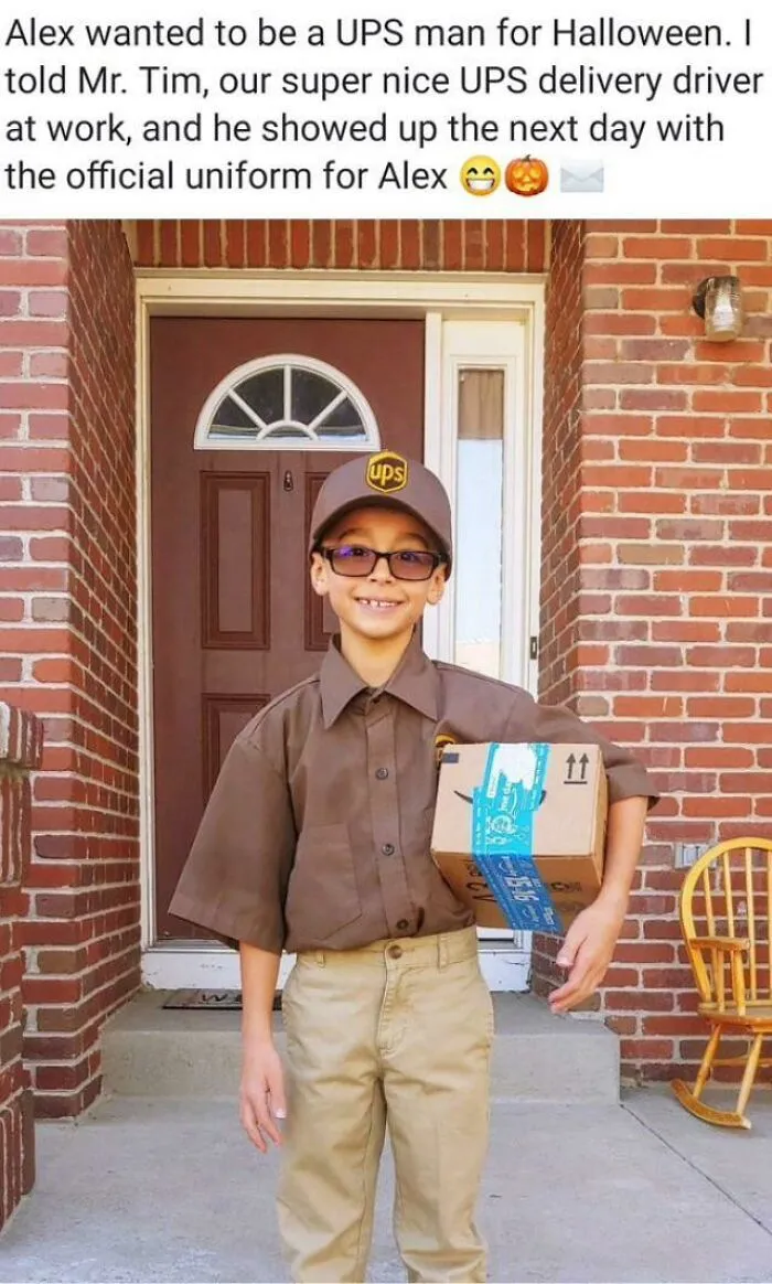 A young boy wearing an authentic UPS delivery driver uniform for kids Halloween costumes