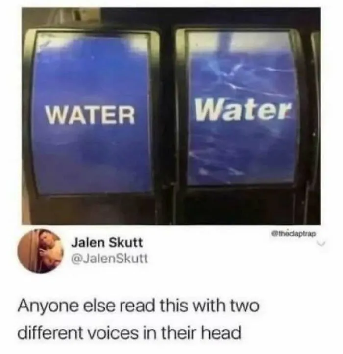 A meme showing two drink dispenser labels saying WATER in different fonts for wholesome memes.