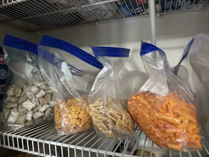 Pantry shelf with snacks stored in plastic ziplock bags, annoying partner habits.
