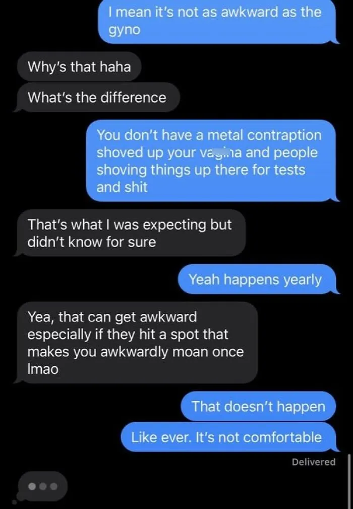 Text conversation showcasing wrong takes on female anatomy regarding gynecologist exams.