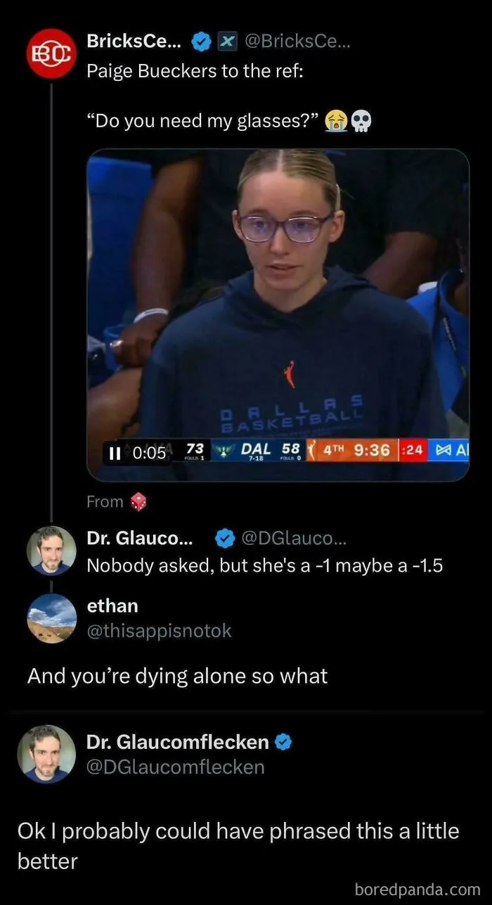 Screenshot of social media exchange with Paige Bueckers and an ophthalmologist, showing complex memes.