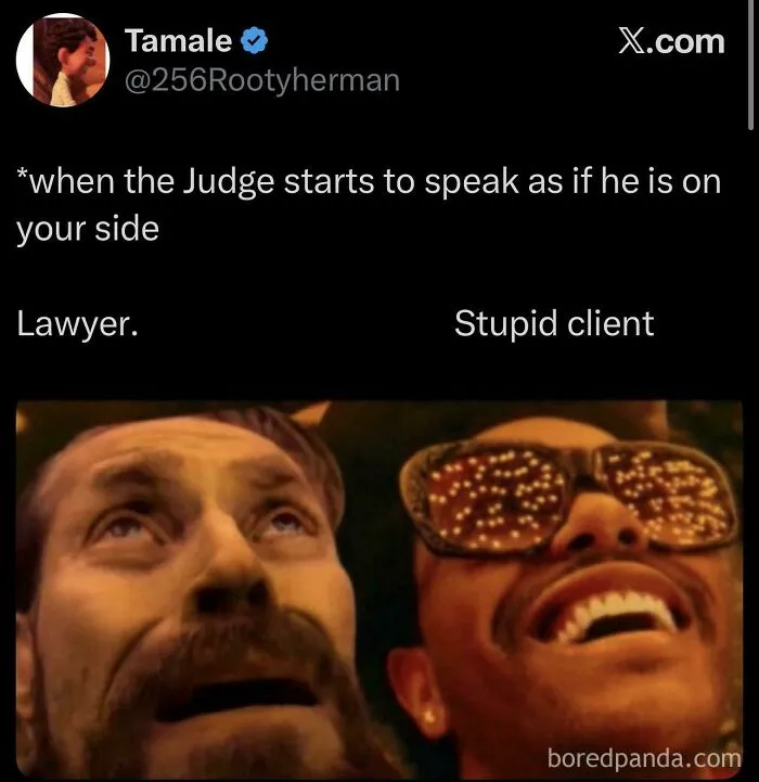 A meme showing two faces looking up with text about a lawyer and client, illustrating complex memes.
