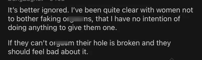 Online comment showing wrong takes on female anatomy regarding women and pleasure