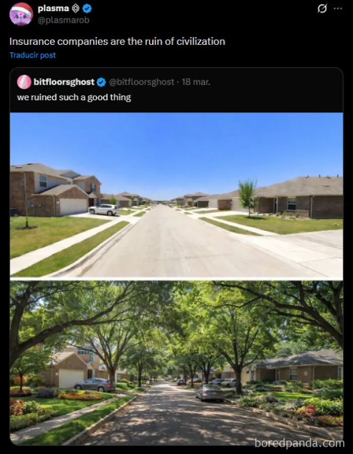 Social media post contrasting a treeless suburb with a tree-lined street, representing complex memes.