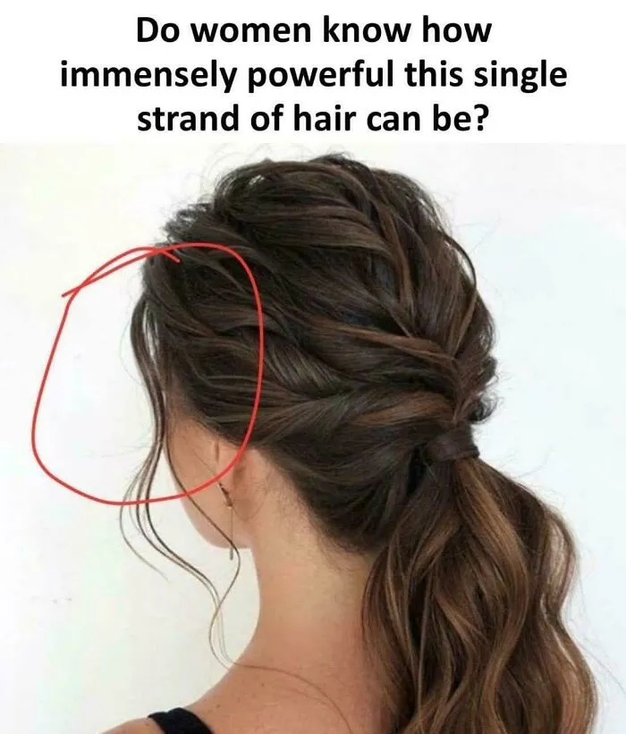 Woman with a ponytail showing a highlighted strand of hair in a viral complex memes post.