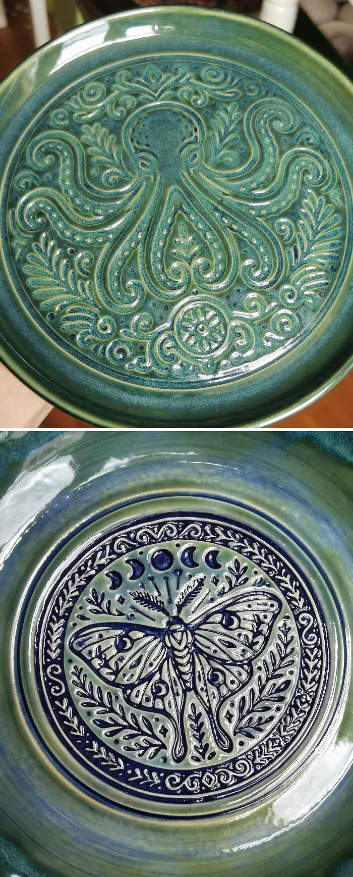 Detailed green glazed ceramic plates with octopus and moth designs, displaying pottery creations.