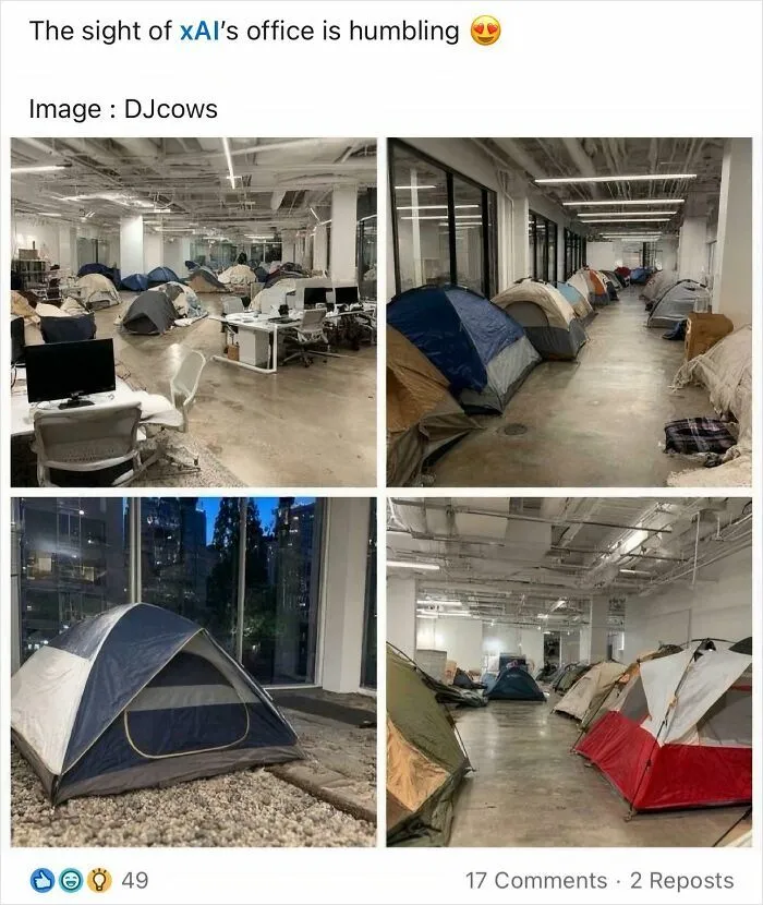 LinkedIn post showing xAI office setup with tents inside workspace