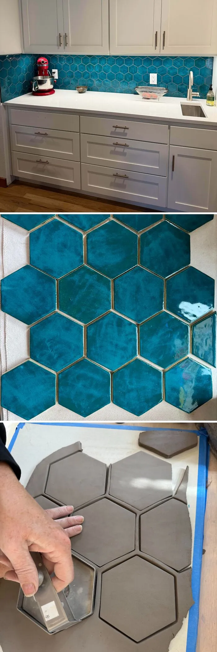 Step-by-step process of creating turquoise hexagon kitchen backsplash tiles as pottery creations.