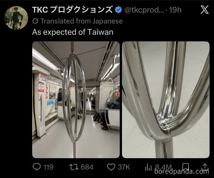 A Japanese tweet about train handrails in Taiwan, shared as part of complex memes and posts.