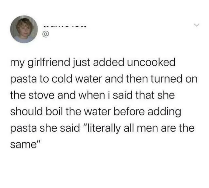 A text post about cooking pasta in a funny relationship scenario, part of complex memes and posts.