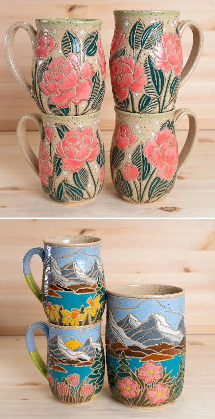 Beautiful handmade ceramic mugs with raised floral and landscape designs as pottery creations.