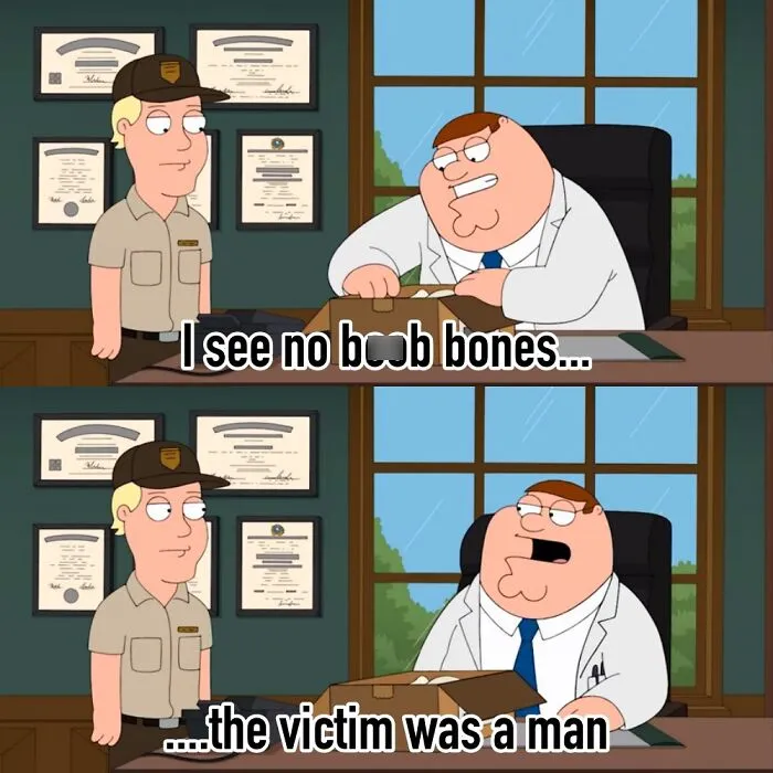 Family Guy meme showing Peter Griffin humorously talking about boob bones and female anatomy.
