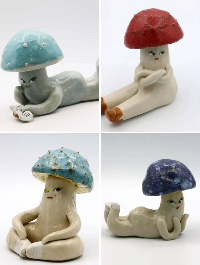 A collage of four whimsical pottery figurines shaped like mushrooms with human faces and limbs.