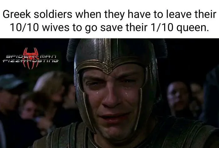 A crying soldier meme referencing Greek mythology and historical humor as part of complex posts.