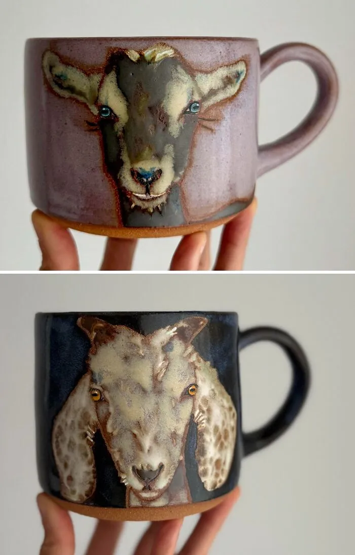 Handcrafted ceramic mugs featuring detailed goat faces, showcasing unique pottery creations.