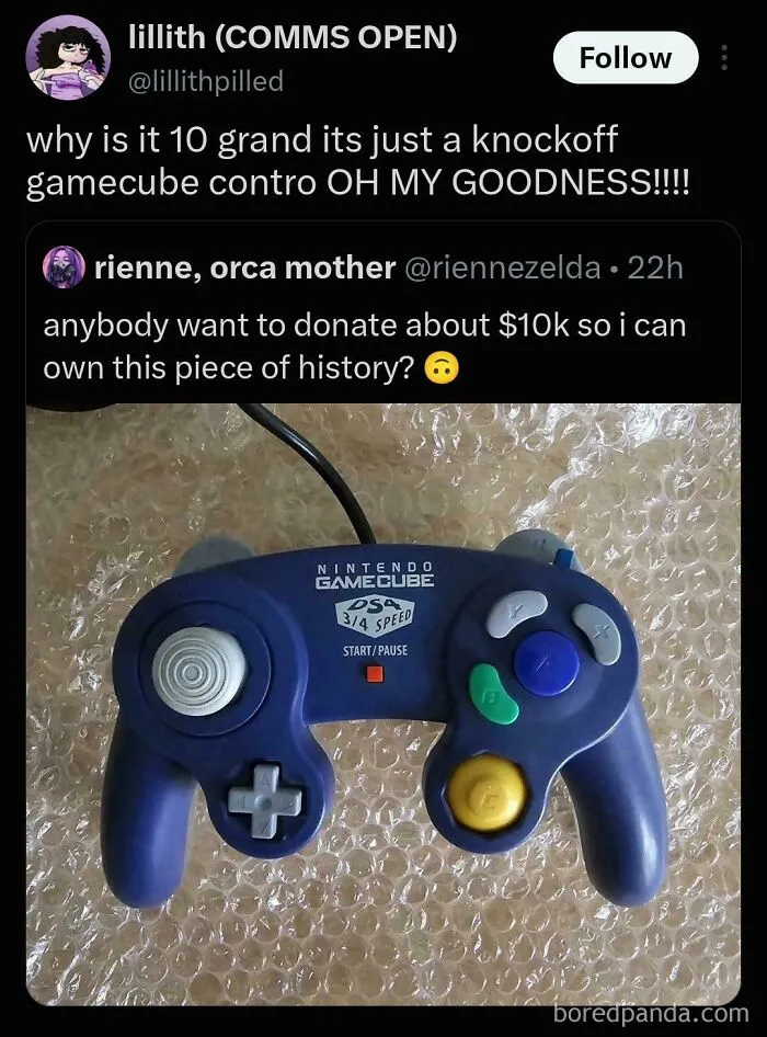 A rare GameCube controller featured in a set of viral internet complex memes