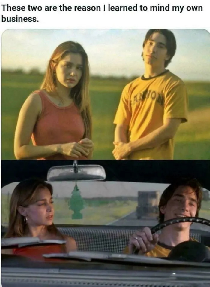 Movie characters in two panels representing internet humor and complex memes