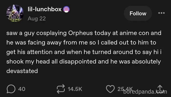 Text post about an Orpheus cosplay encounter shared as complex memes.