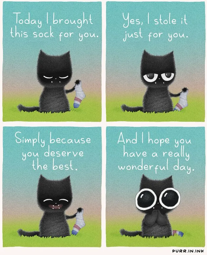Four-panel cat illustrations by Luis Coelho showing a black cat gifting a stolen sock to make someone happy.