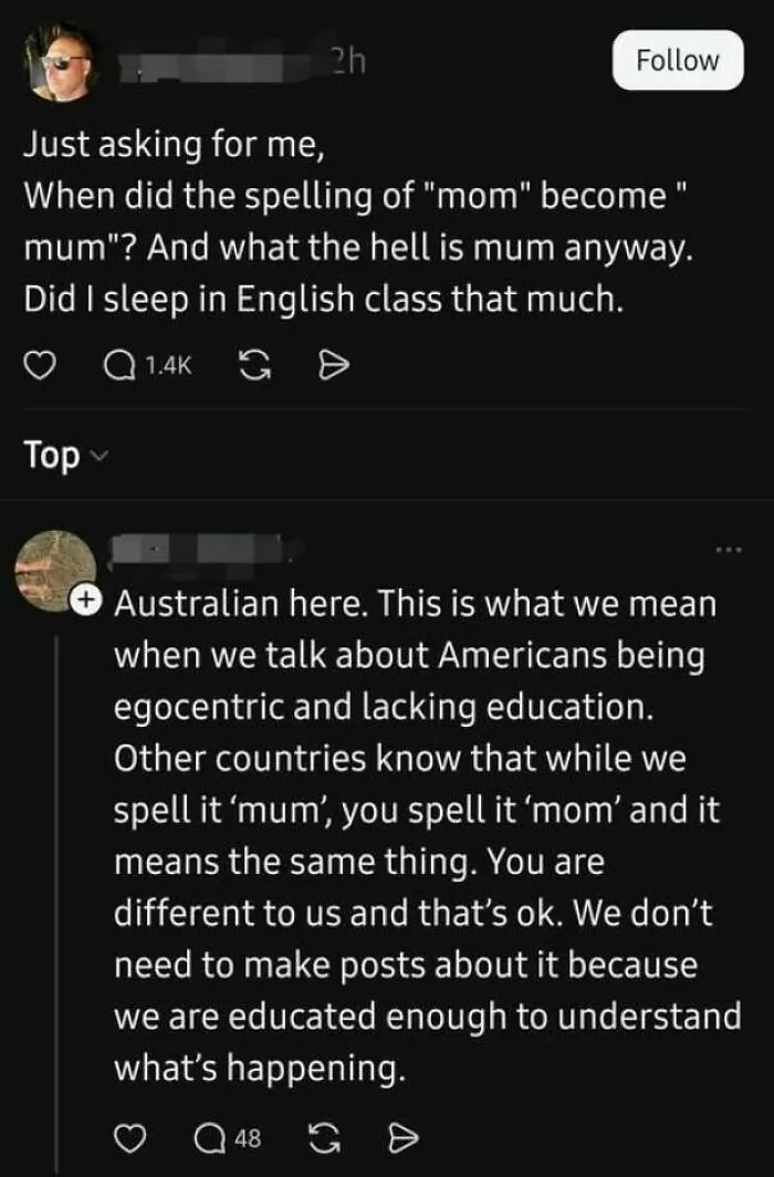 Screenshot of social media post where an internet user asks about spelling, exemplifying how some lack education.