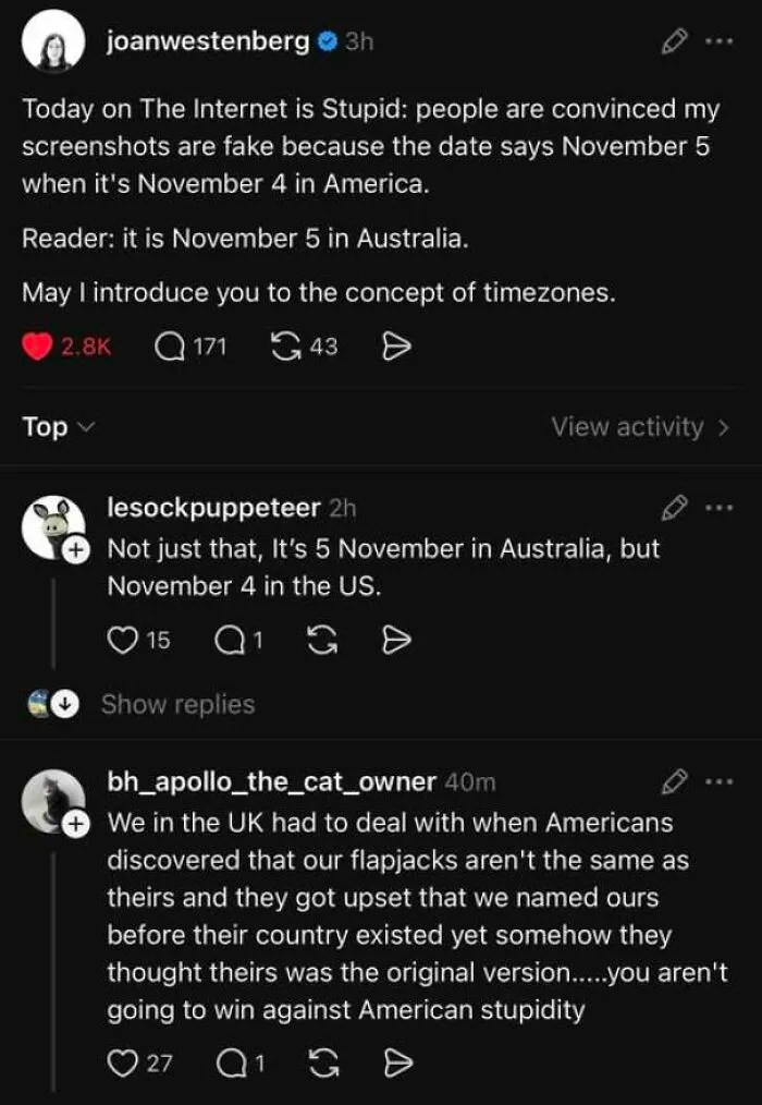 Social media thread where internet users lack education on global timezones and culture.
