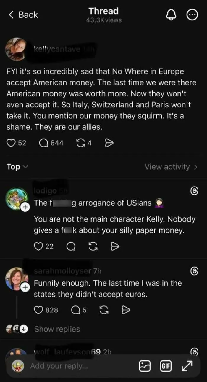 Thread post demonstrating how internet users lack education on foreign currency acceptance in Europe.