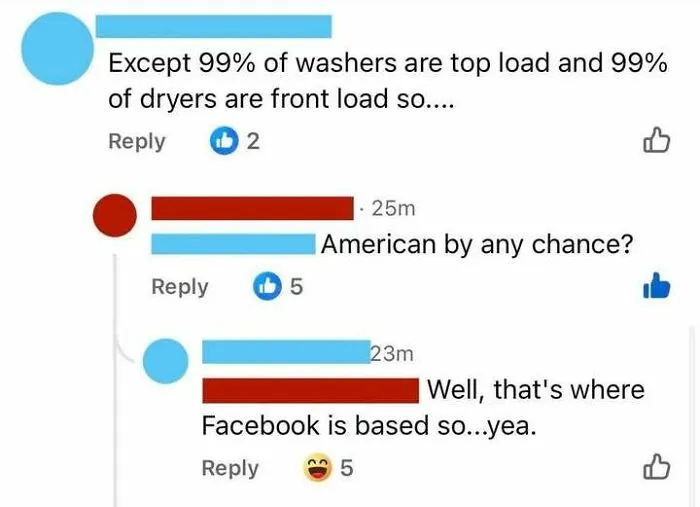 Facebook comment chain where an internet user displays a lack of education regarding appliances worldwide