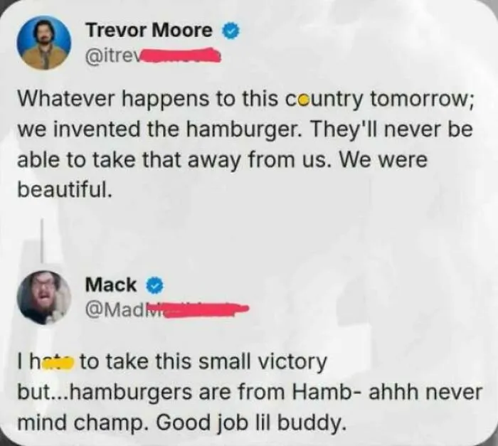 Tweets showing internet users lack education by claiming America invented the hamburger