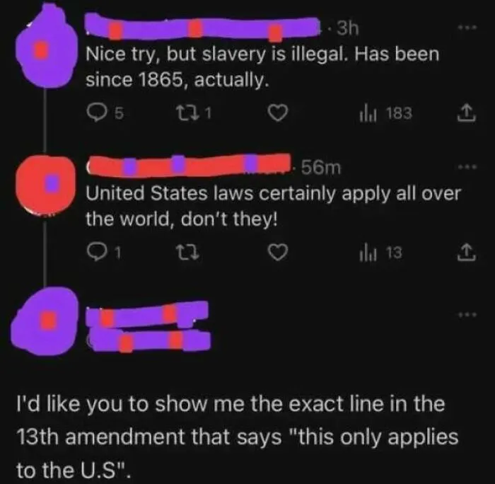 Online discussion thread showing internet users lack education about United States constitutional law limits.