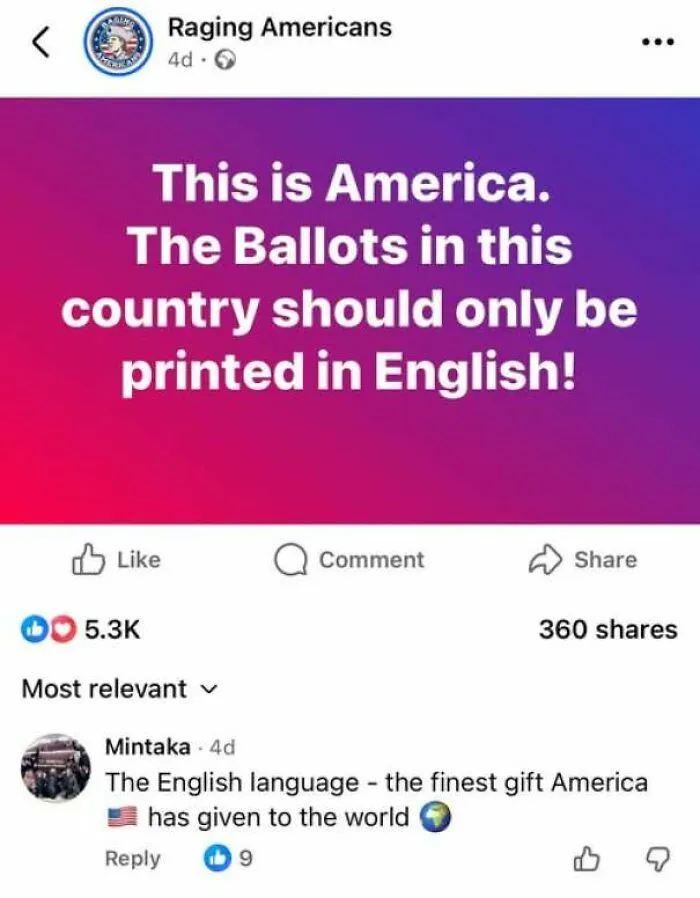 Facebook post showing how internet users lack education by claiming America created the English language.