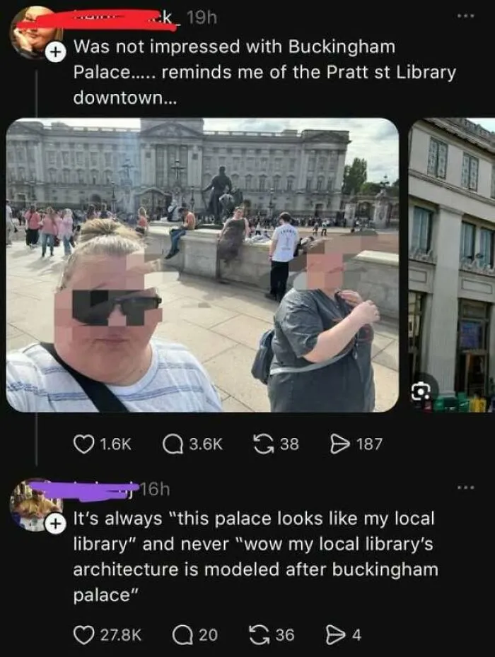 Tourist post comparing Buckingham Palace to a library, showing internet users lack education.