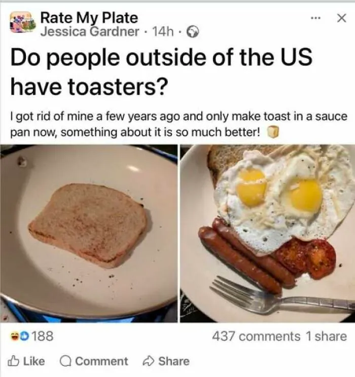 Social post asking if people outside the US have toasters, showing lack education on global norms.