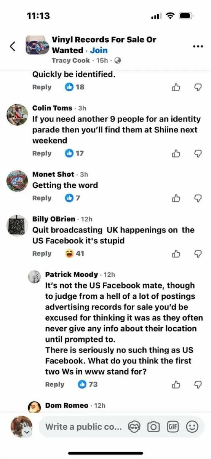 Social media thread where internet users mistakenly claim Facebook is exclusively American.